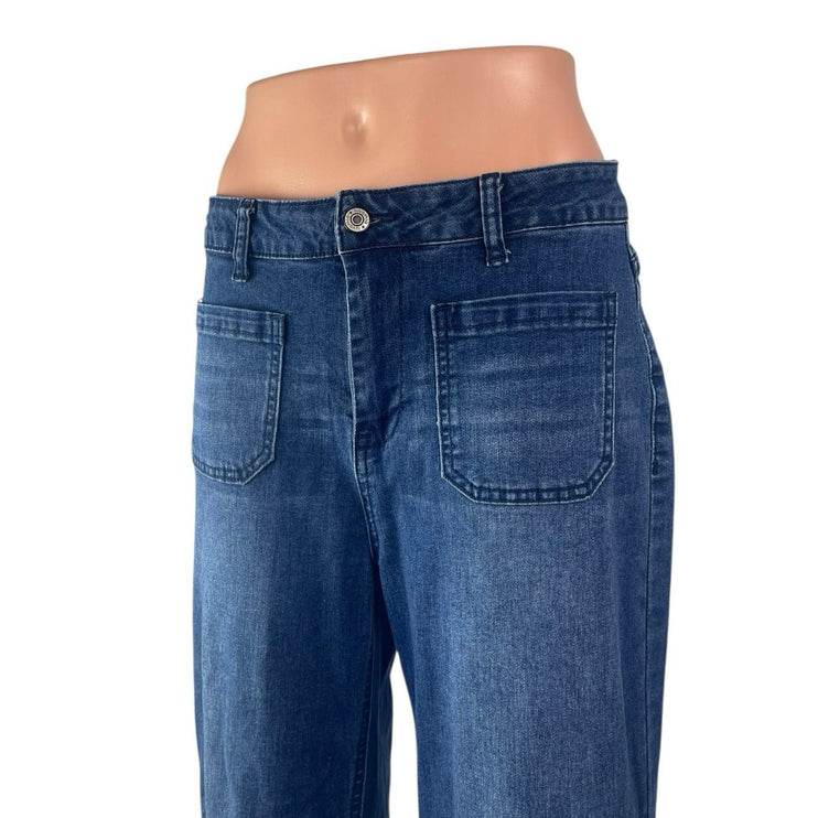 Luvamia Women's Blue High Waisted Cropped Flared Wide Leg Denim Jeans Pants Sz M