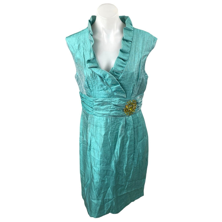 Jessica Howard Green Sleeveless Jeweled Rhinestone Ruffle Mini Sheath Dress 10