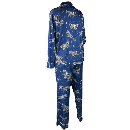 Averie Blue Silk Satin Zebra Print Button Down 2 Piece Sleepwear Pajamas Set S