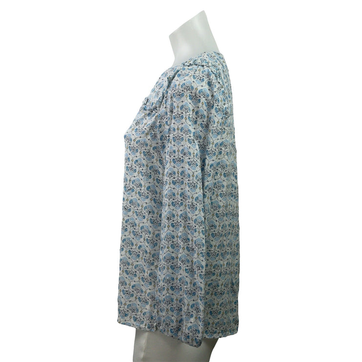 Ann Taylor LOFT Blue Mosaic Floral Long Sleeve Ruffle Crewneck Blouse Top MP