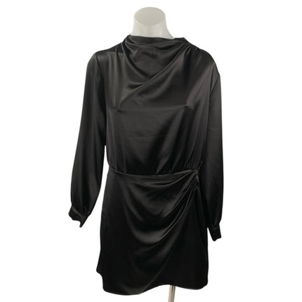Zara Womens Black Silk Satin Ruched High Neck Long Sleeve Mini Wrap Dress Size L