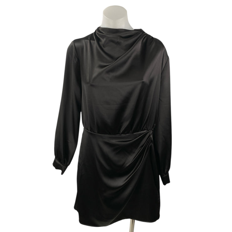 Zara Womens Black Silk Satin Ruched High Neck Long Sleeve Mini Wrap Dress Size L