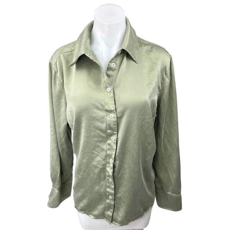 Women's Olive Green 100% Silk Satin Button Down Long Sleeve Top Blouse Shirt L