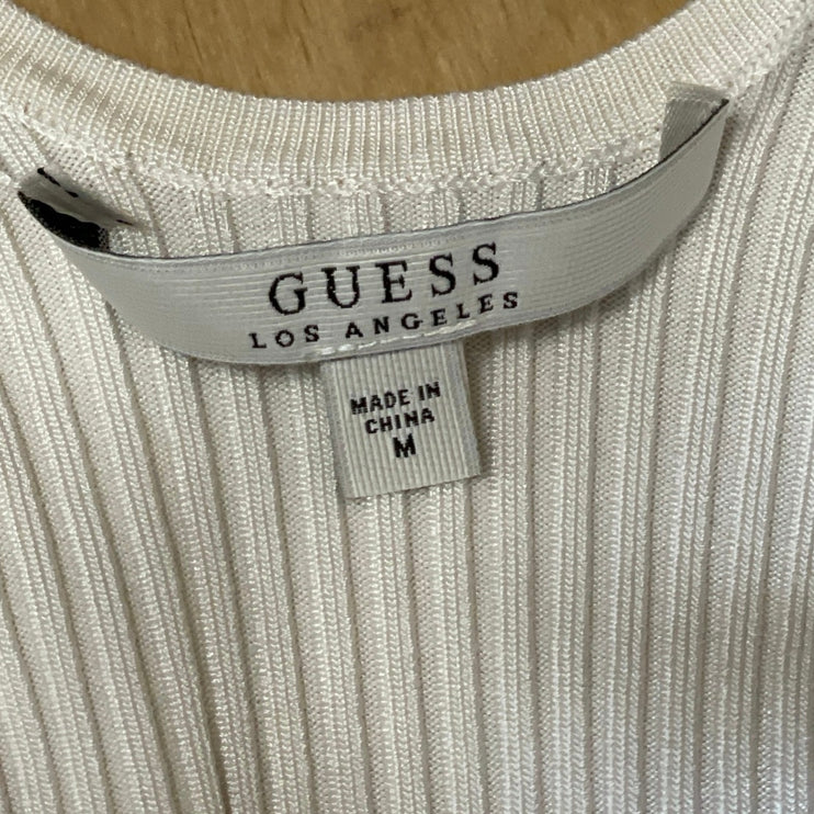 Guess Ivory Ribbed Knit Scoop Neck Long Sleeve Zip Peplum Cardigan Sweater Top M