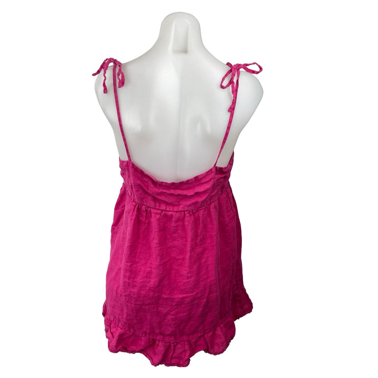 Zara Pink 100% Linen Tie Cami Strap Backless Babydoll Ruffle Mini Dress Size M