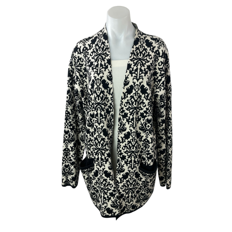 Cyrus Women's Black White Batik Floral Open Front Long Cardigan Sweater Top L