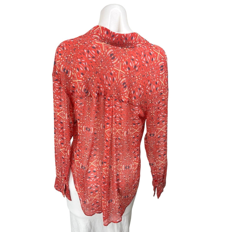 Free People Easy Rider Coral Geometric Semi Sheer Long Sleeve Blouse Top Size XS