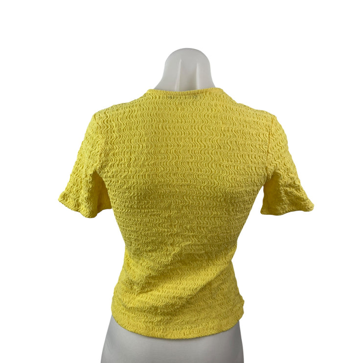 Zara Women's Yellow Smocked Tie Front V Neck Short Sleeve Crop Blouse Top Sz S