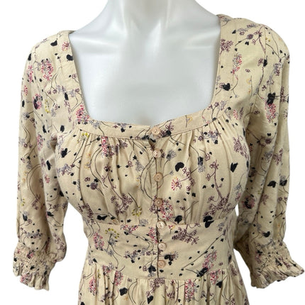 ba&sh Maya Beige Floral Print Square Neck 3/4 Sleeve Button Midi A-Line Dress 1