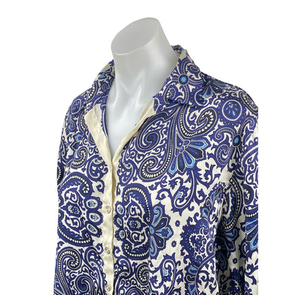 Zara Women's Blue Silky Satin Paisley Collared Button Down Shirt Blouse Top Sz S