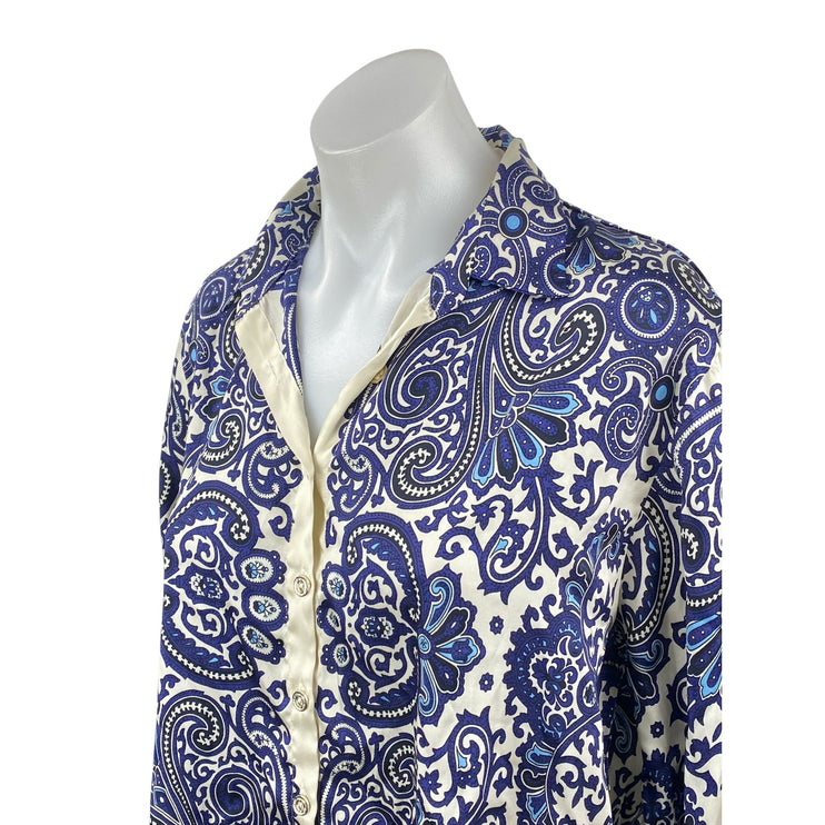 Zara Women's Blue Silky Satin Paisley Collared Button Down Shirt Blouse Top Sz S