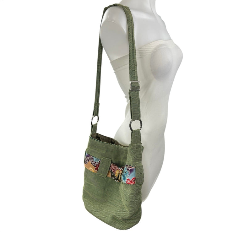 Janine Marie Green Rib Crossbody Y2k Boho Floral Belted Bucket Hobo Handbag OS