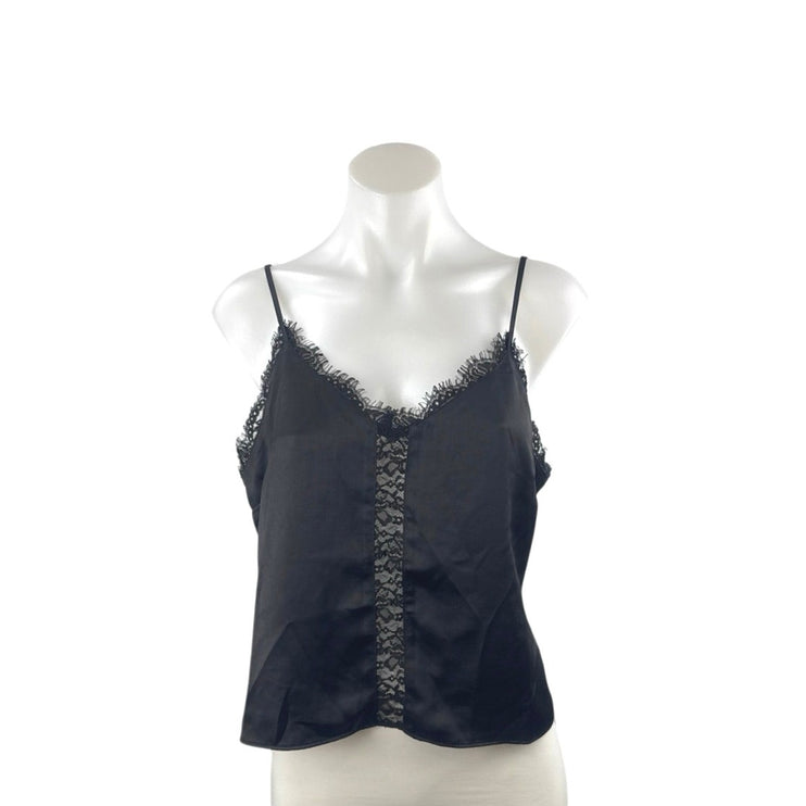 Open Edit Women Black Satin Lace V Neck Sleeveless Crop Lingerie Cami Tank Top L