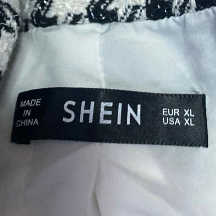 Shein Black White Houndstooth Plaid Check Short Sleeve Button Crop Shirt Top XL