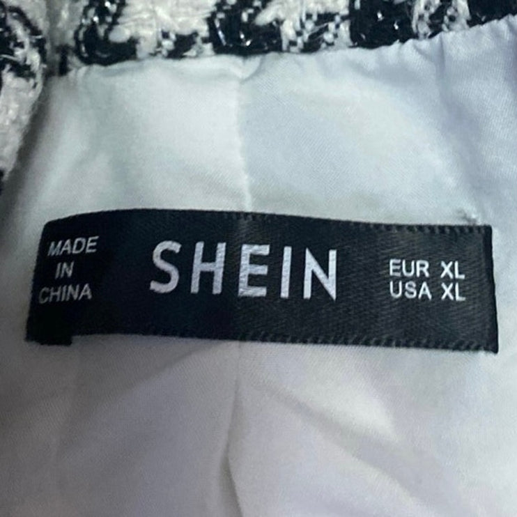 Shein Black White Houndstooth Plaid Check Short Sleeve Button Crop Shirt Top XL