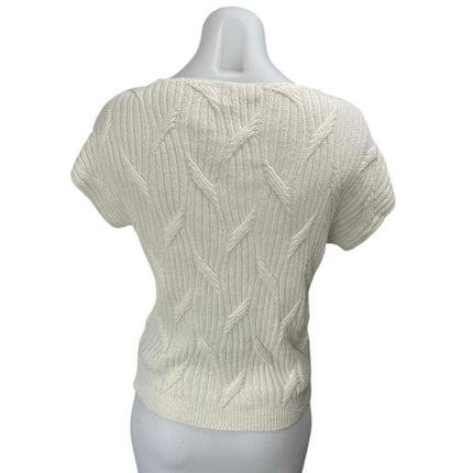 Zara Women's White Short Sleeve Cable Knit V-Neck Sweater Blouse Top Size XS