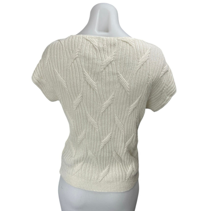Zara Women's White Short Sleeve Cable Knit V-Neck Sweater Blouse Top Size XS