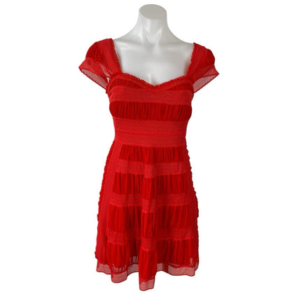 Free People Alicia Tomato Red Lace Short Sleeve Tiered A Line Mini Dress Size 2