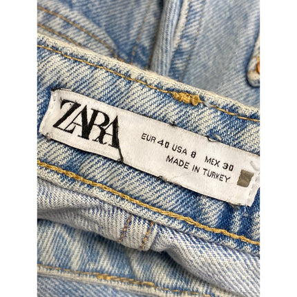Zara Blue Light Wash High Rise Frayed Hem Straight Wide leg Denim Jeans Pants 8