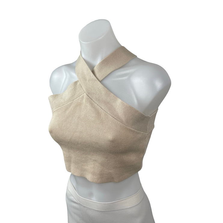House of Harlow 1960 Cream Beige Cross Halter Sleeveless Knit Crop Top Size M