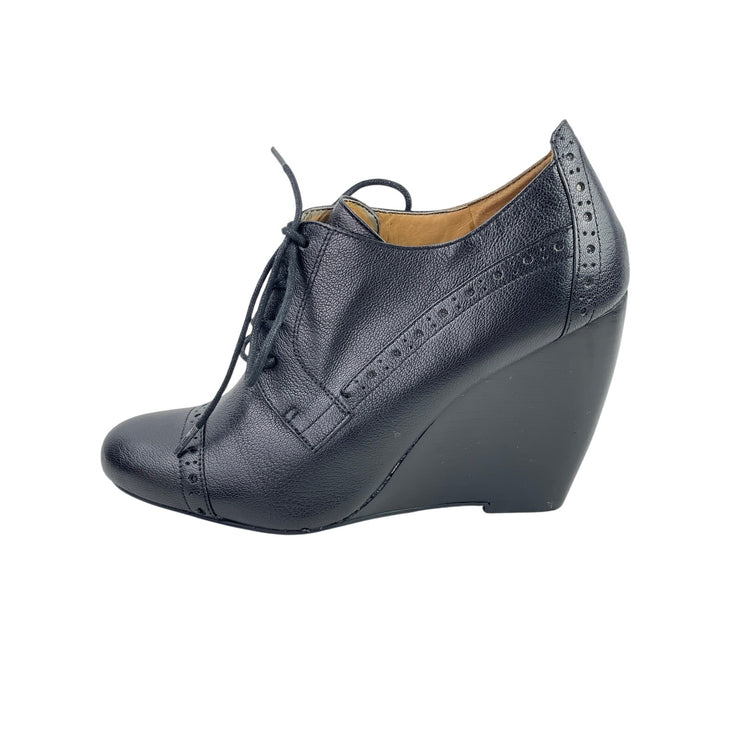Nine West Womens Black Leather lace Up Wedge Heel Almond Toe Ankle Boots Size 7