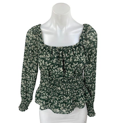 Madewell Georgette Green Floral Long Sleeve Smocked Peplum Blouse top Size XS
