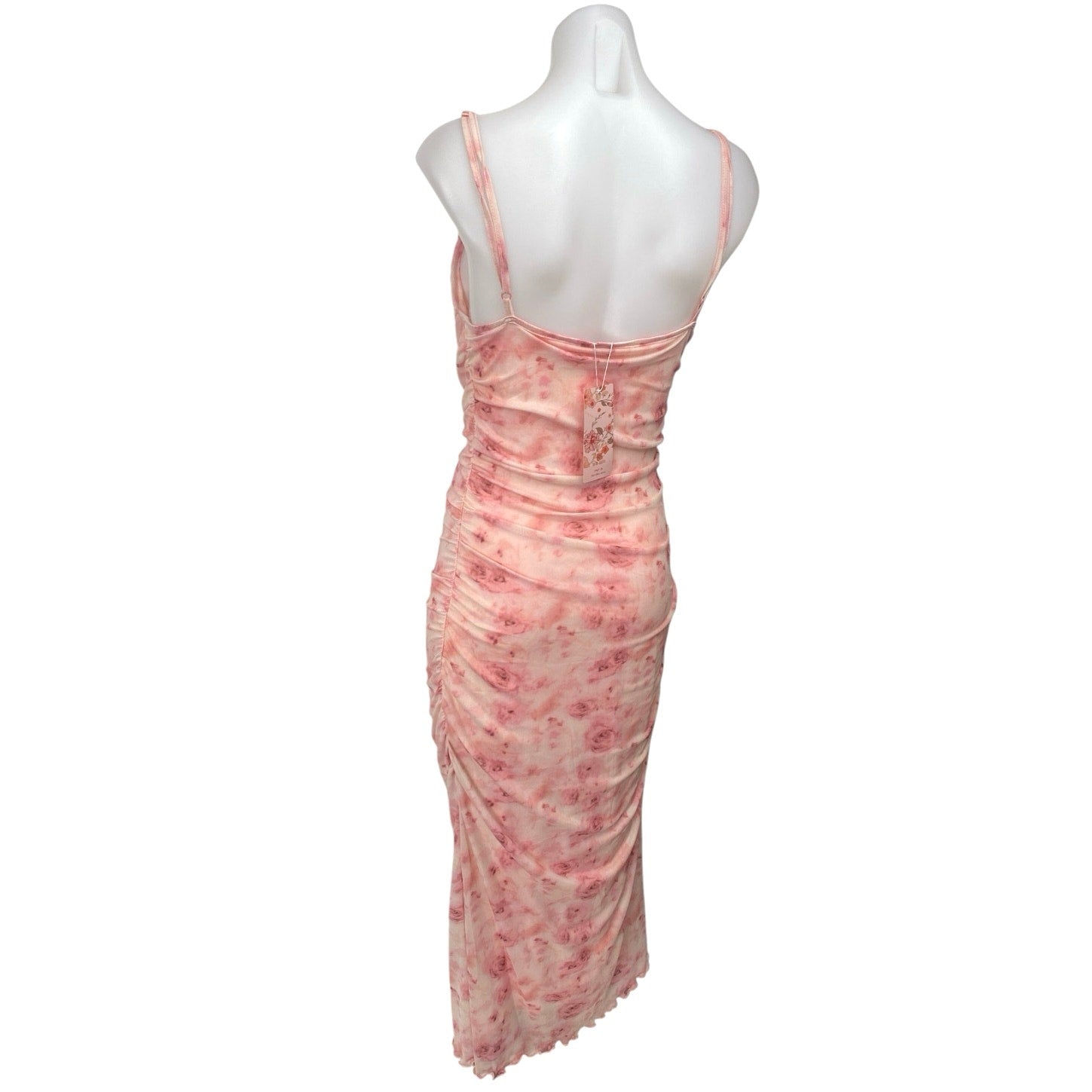 New Shein Pink Floral Ruched Sleeveless Cami Camisole Tank Midi Bodycon Dress M