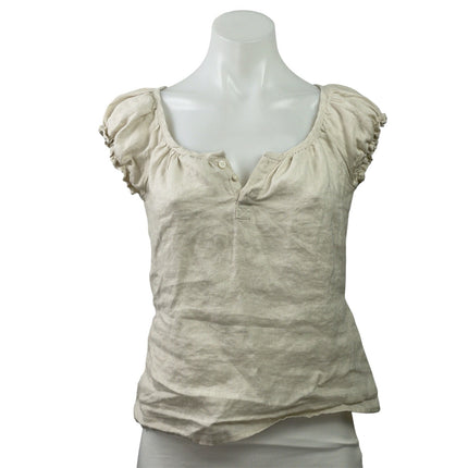 Brandy Melville Beige 100% Linen Short Sleeve Tie Back Henley Blouse Top Size M