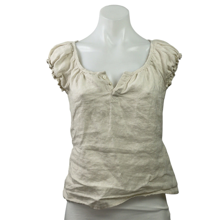 Brandy Melville Beige 100% Linen Short Sleeve Tie Back Henley Blouse Top Size M