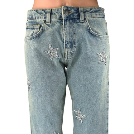 Nasty Gal Women's Blue Embellished Star Print Straight High Rise Denim Jeans 4