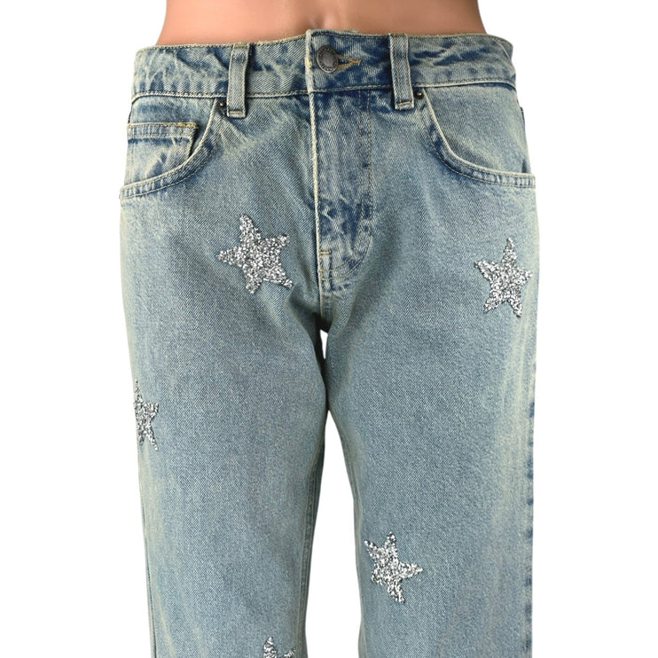 Nasty Gal Women's Blue Embellished Star Print Straight High Rise Denim Jeans 4
