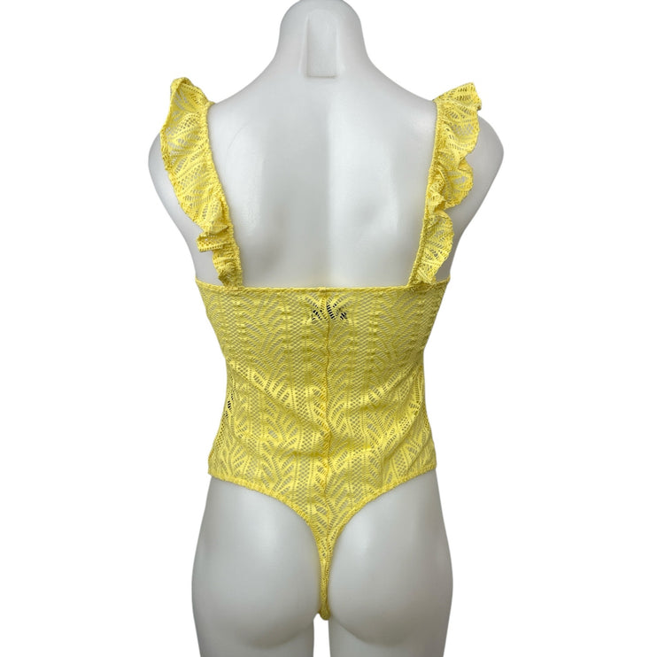 Urban Outfitters Out From Under Yellow Open Knit Ruffle Tank Bodysuit Top Size S