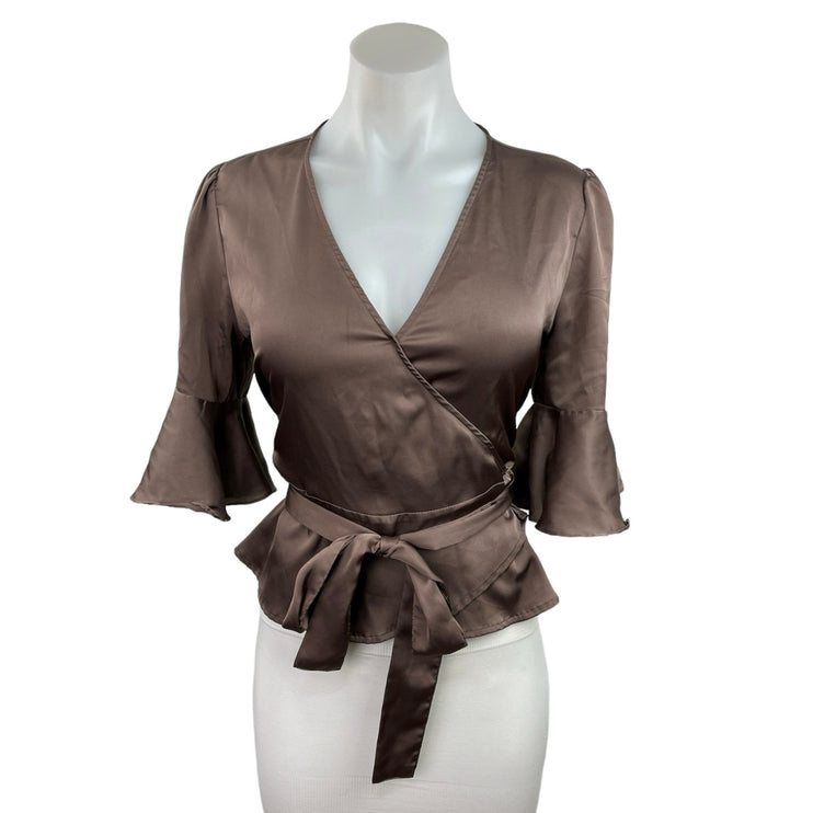 Soho NY Brown V Neck Bell Sleeve Tie Waist Peplum Satin Wrap Blouse Top Size XS