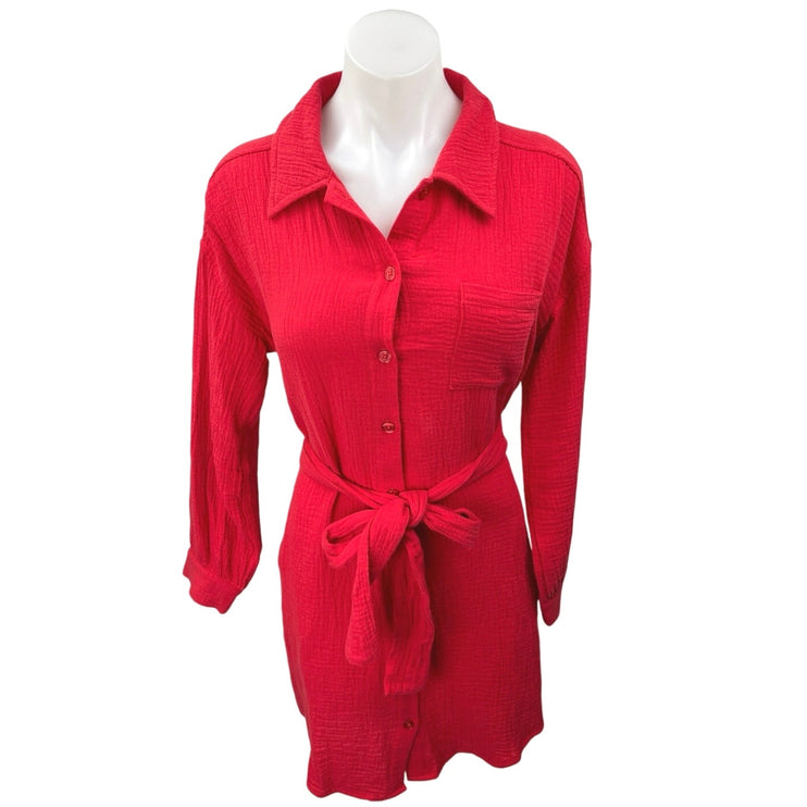 Saks Fifth Avenue Women's Red Long Sleeve Belted Button Down Mini Shirt Dress S