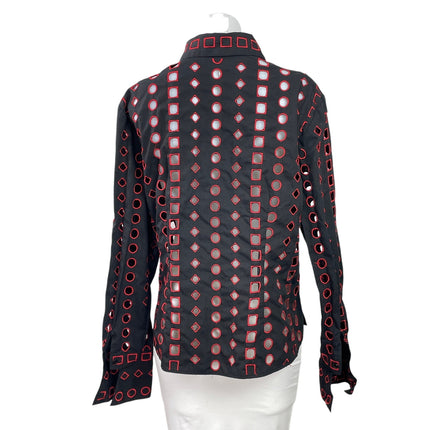 D&Y Women's Black Red Embroidered Open Long Sleeve Button Down Shirt Top Size L