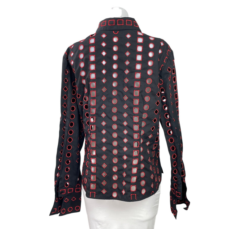D&Y Women's Black Red Embroidered Open Long Sleeve Button Down Shirt Top Size L