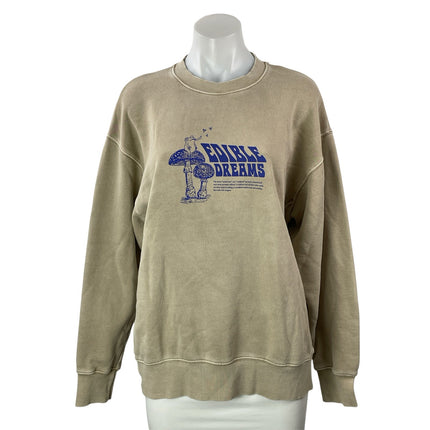Aritzia TNA Cozy Beige Boyfriend Fleece Graphic Long Sleeve Sweatshirt Top Sz S