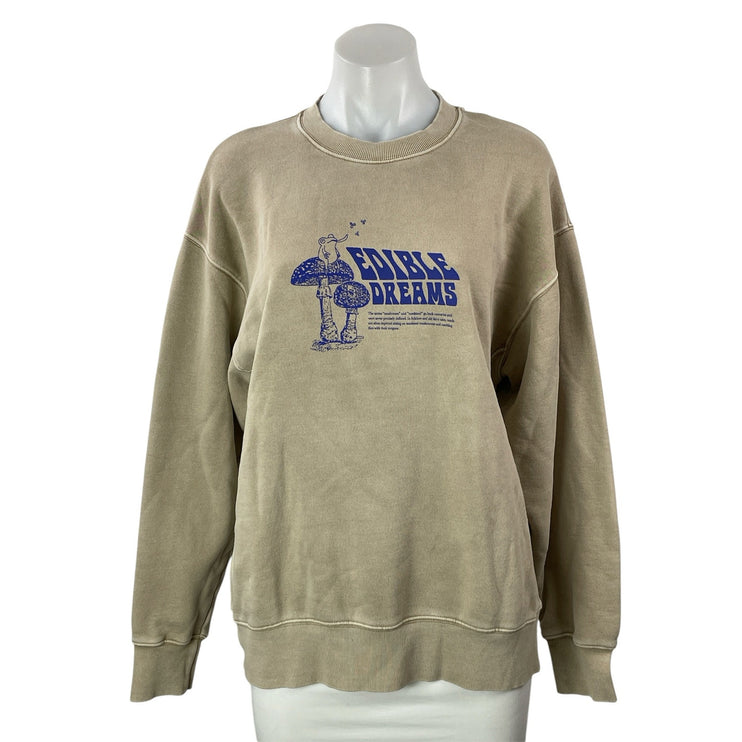 Aritzia TNA Cozy Beige Boyfriend Fleece Graphic Long Sleeve Sweatshirt Top Sz S