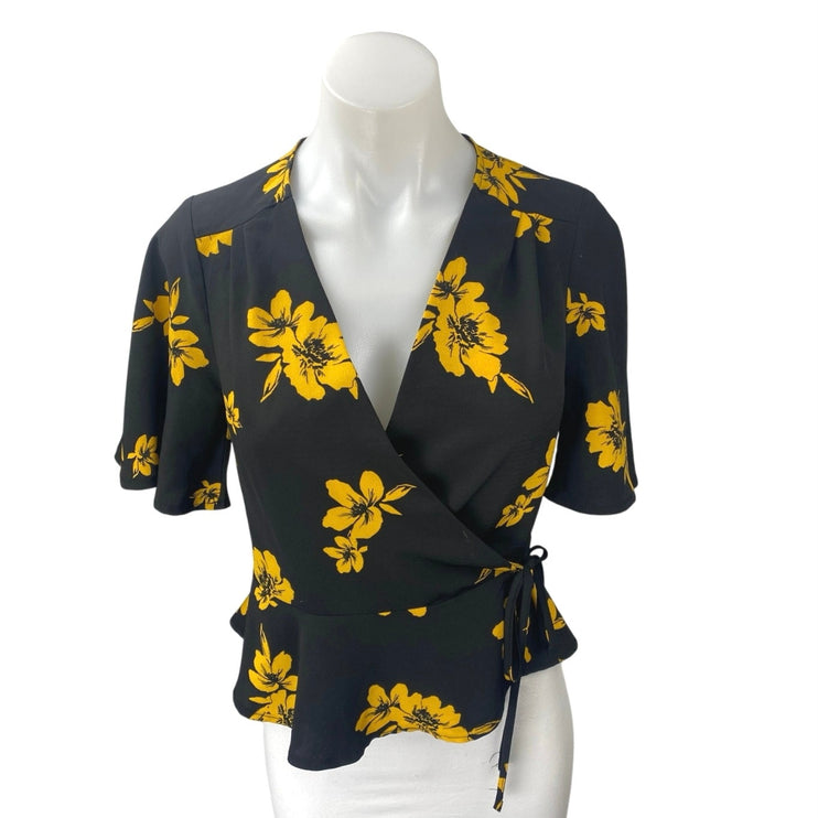 Miss Selfridge Black Yellow Floral Short Sleeve Wrap Peplum Blouse Top Size 2