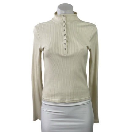 Frank And Oak Cream Ribbed Knit Long Sleeve Henley High Neck Snap Sweater Top S