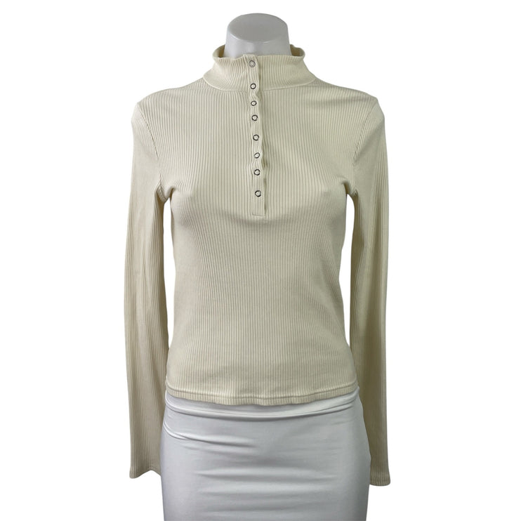 Frank And Oak Cream Ribbed Knit Long Sleeve Henley High Neck Snap Sweater Top S
