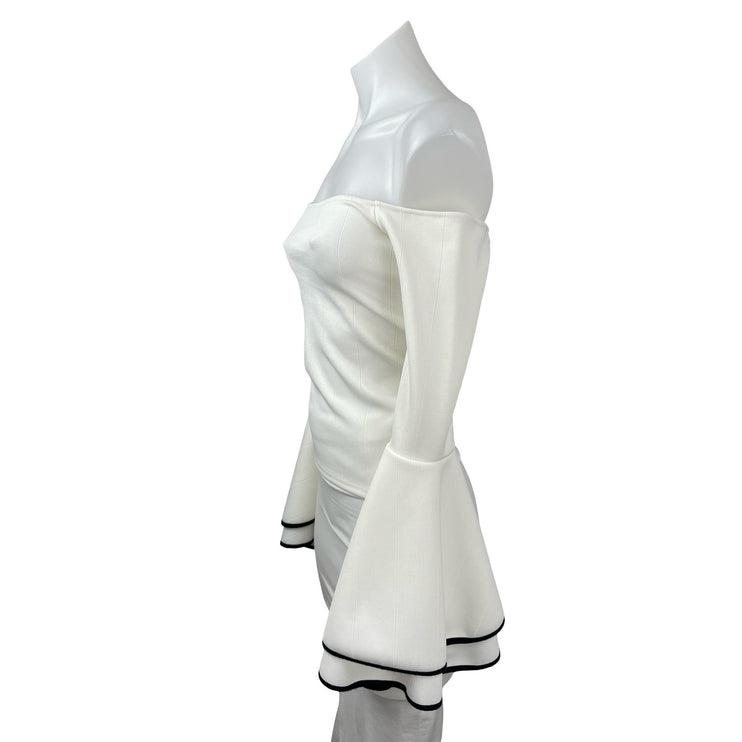 Bar III Women's White Ribbed Off Shoulder Long Bell Sleeve Crop Blouse Top XXS