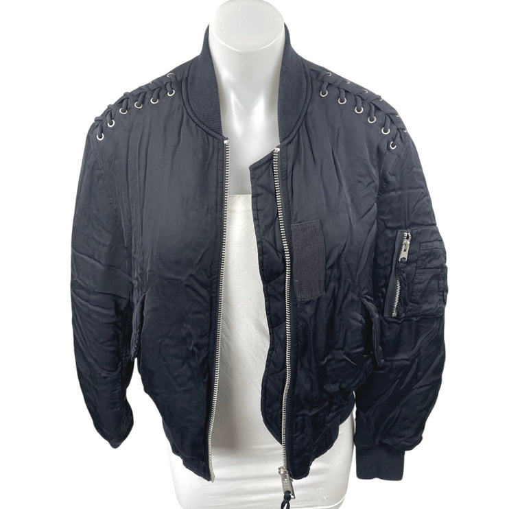 AllSaints Bree Women's Black Laced Up Full Zip Long Sleeve Bomber Coat Jacket M