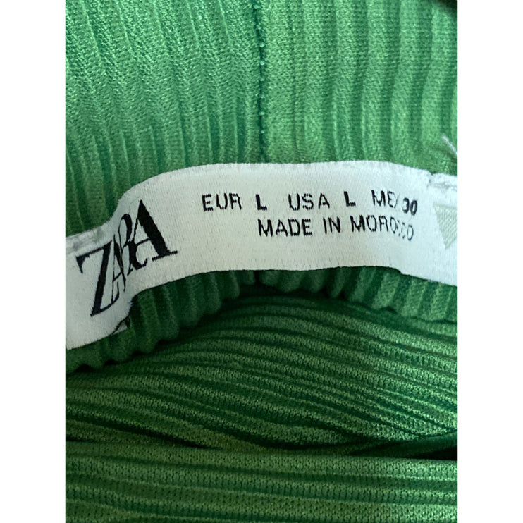 Zara Women's Green Peated High Waist Straight Wide Leg Trousers Pants Size L