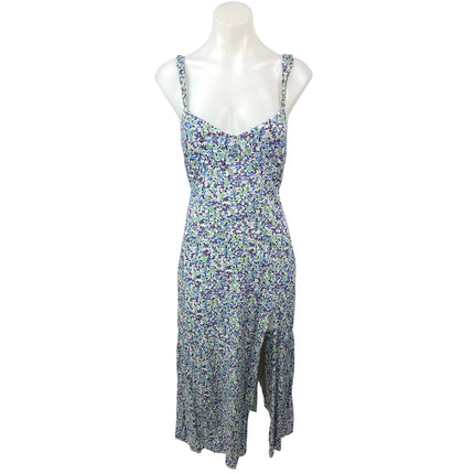 Zara Blue Green Floral Smocked V Neck Sleeveless Side Slit Sheath Midi Dress S