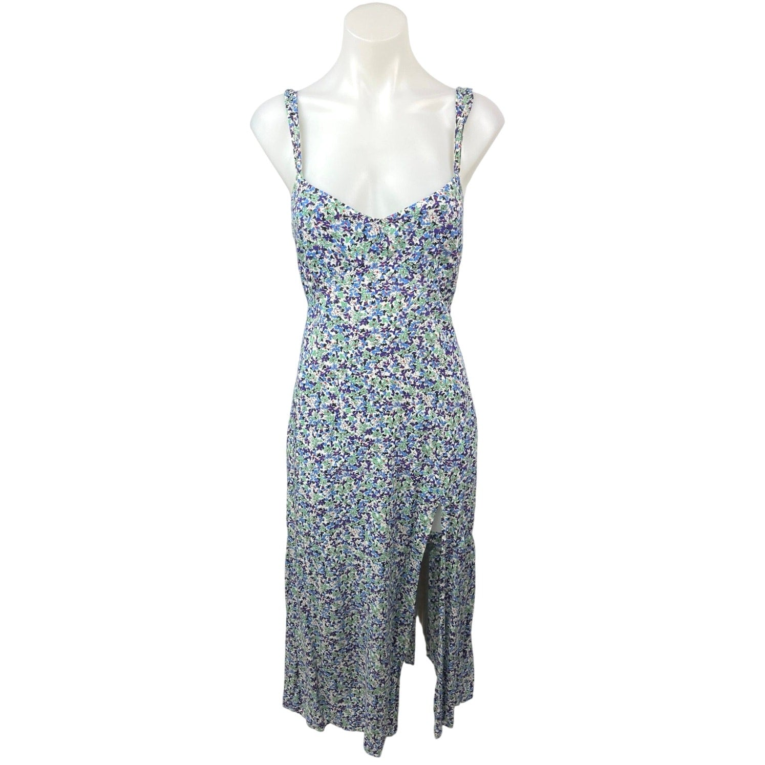 Zara Blue Green Floral Smocked V Neck Sleeveless Side Slit Sheath Midi Brie Zara Blue Green Floral Smocked V Neck Sleeveless Side Slit Sheath Midi Brie