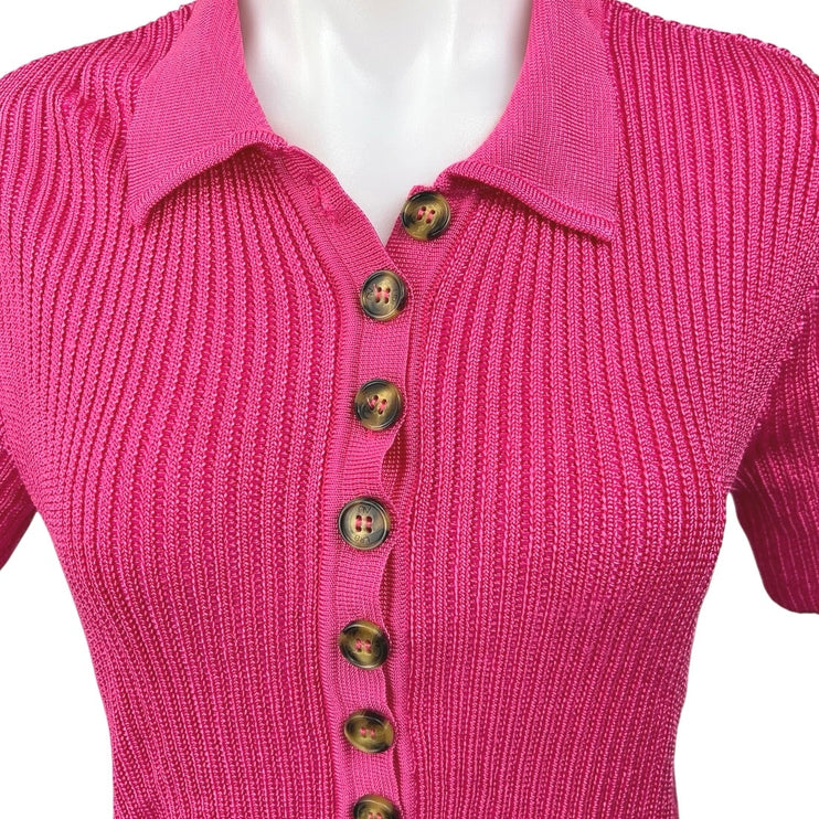Nati Vozza Pink Ribbed Button Down Short Sleeve Collar Crop Polo Sweater Top M