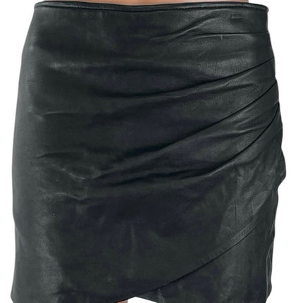 Museum Black 100% Leather High Waisted Ruched Fitted Pencil Mini Skirt Size M