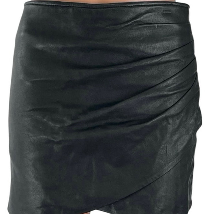 Museum Black 100% Leather High Waisted Ruched Fitted Pencil Mini Skirt Size M