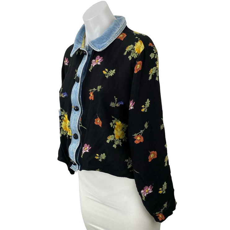 Vintage Romeo Black Floral Long Sleeve Denim Jean Button Down Shirt Top Size M
